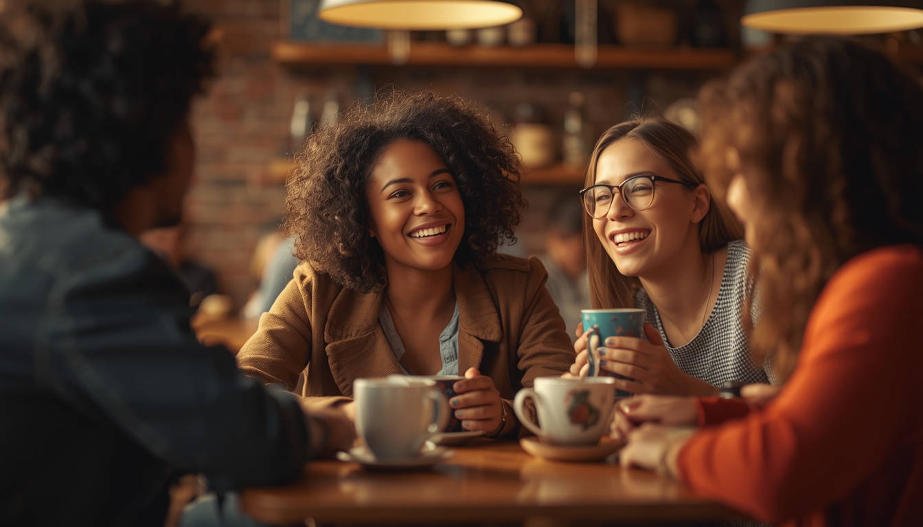 A diverse group of people in a warm, sunlit community space sharing coffee and conversation, genuine smiles, natural candid moment, photorealistic lifestyle photography, sense of connection and warmth 