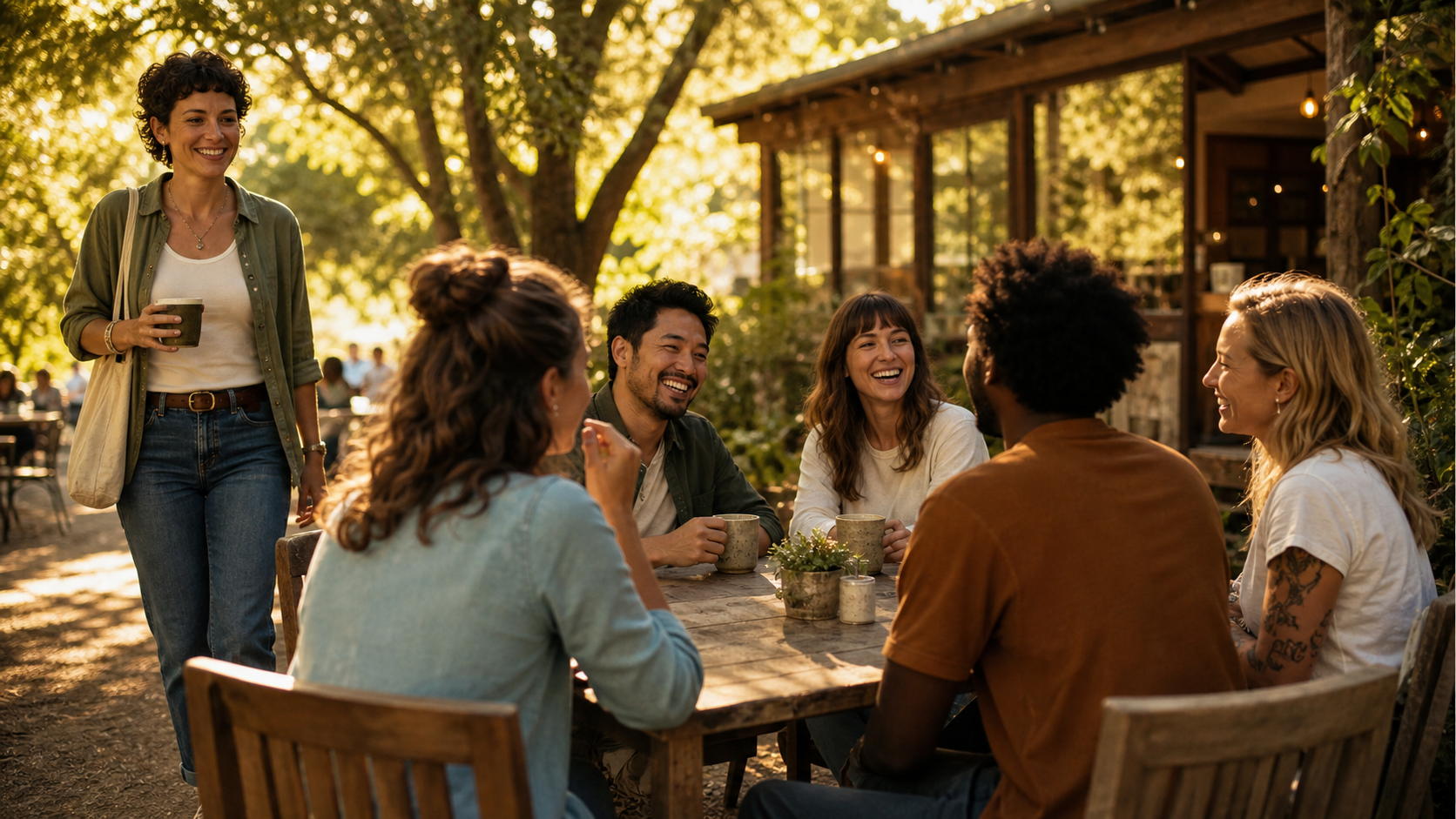 A warm, golden-hour outdoor cafe scene: a diverse group of 4-5 engaged people sitting around a rustic wooden table, laughing and sharing coffee in ceramic mugs, soft sunlight filtering through leafy trees. In the foreground, a sixth person (relatable, mid-30s, approachable) is walking toward the table with a gentle smile, holding their own coffee cup, just about to be welcomed into the circle. Shallow depth of field focusing on the connection moment, sense of belonging and conscious community, warm amber and earth-tone color palette, natural candid energy 