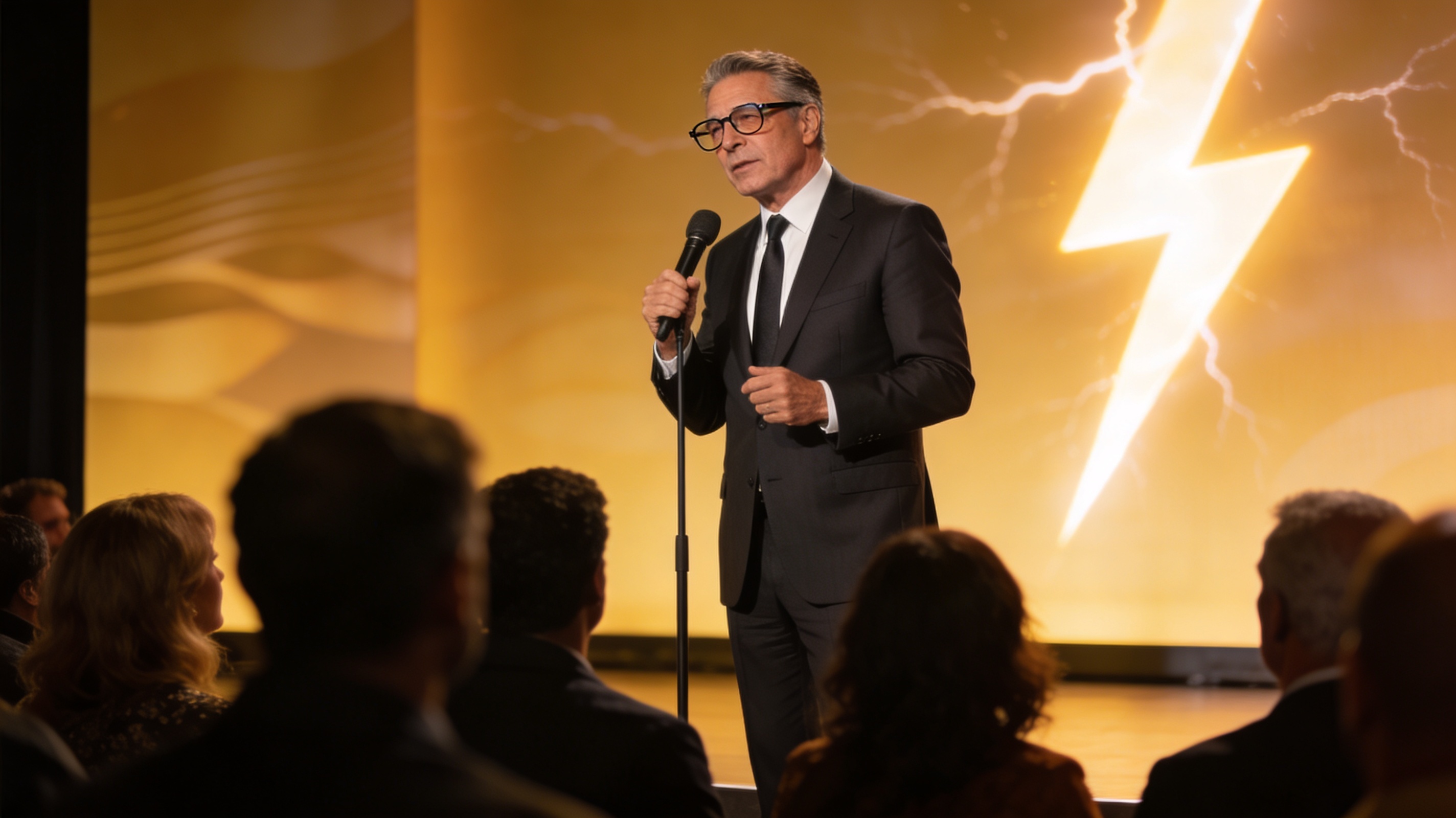 A professionally dressed man in his 50s with warm, confident energy standing on a stage with a microphone, addressing an engaged audience. He's wearing glasses and has a slight visual impairment visible in his posture. The lighting is warm and inspiring, with a "lightning bolt" visual motif subtly integrated into the background. 