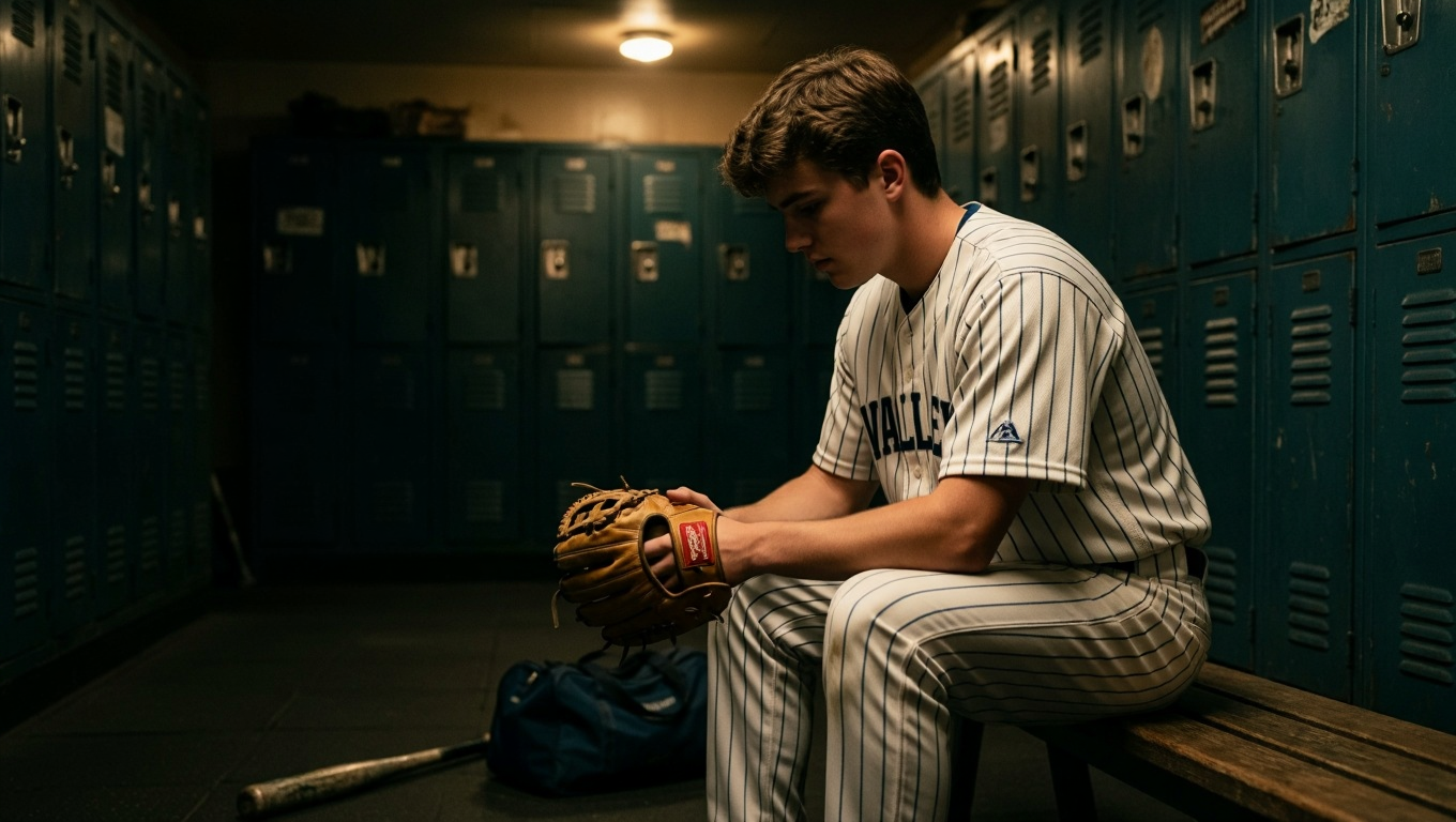 A young athlete in the 1990s era sitting alone in a dimly lit locker room, looking contemplative, holding a baseball glove. The scene conveys transition and uncertainty. Warm, cinematic lighting with shallow depth of field. 