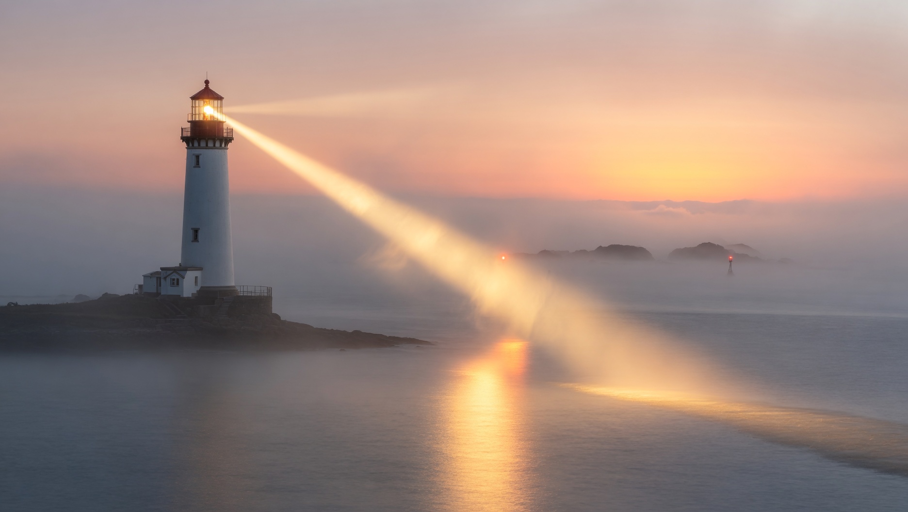 A lighthouse beam cutting through morning fog over a calm ocean, golden light illuminating a clear path forward on the water. The scene conveys clarity, guidance, and integrity leading the way. 