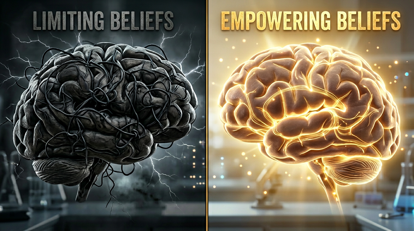 A split-screen visualization showing a human brain with neural pathways. On the left side, dark, tangled pathways representing limiting beliefs. On the right side, bright, organized golden pathways representing new empowering beliefs. Scientific visualization meets artistic interpretation. 
