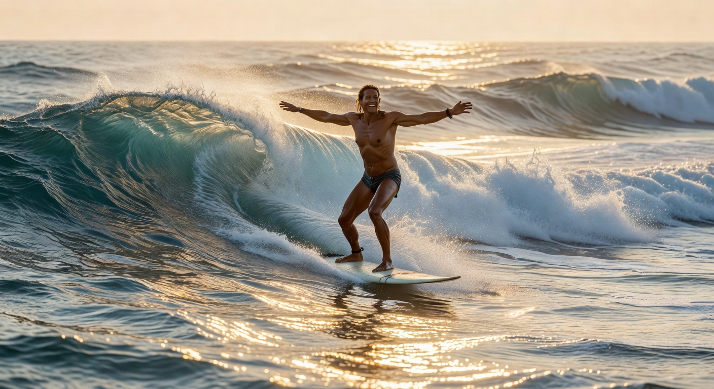 A person in their 40s-50s surfing on a wave at sunrise, arms outstretched, embodying freedom and possibility. The ocean is powerful but beautiful, with golden morning light reflecting off the water. The surfer appears confident and joyful despite visible visual impairment. Inspirational