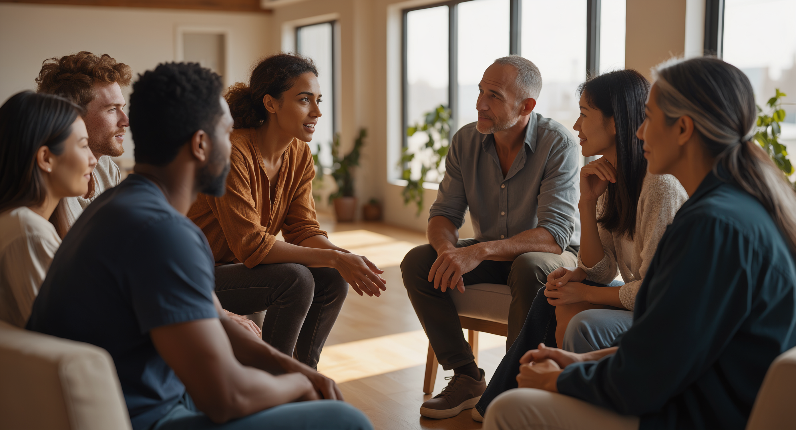 A diverse group of people sitting in a circle in a modern, sunlit space, engaged in deep conversation. One person is speaking while others listen intently with empathetic expressions. The scene conveys connection, influence, and community. Warm natural lighting.