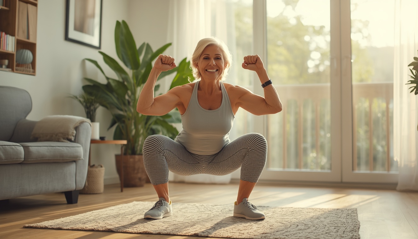 A vibrant, healthy person in their 60s or 70s performing a perfect squat in a bright, modern home setting with morning sunlight streaming through windows. They look strong, confident, and joyful. 