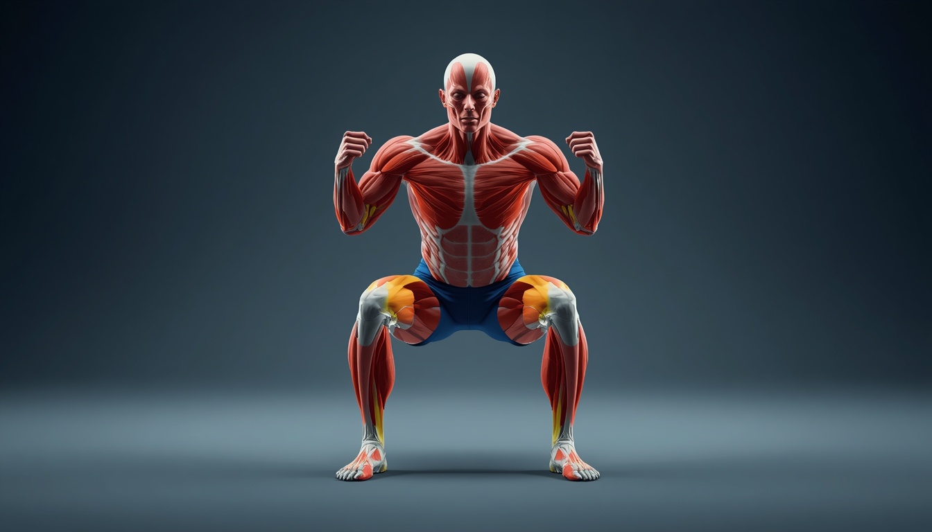 An anatomical illustration showing the muscle groups activated during a squat. Display a fit person mid-squat with highlighted muscle groups in different colors