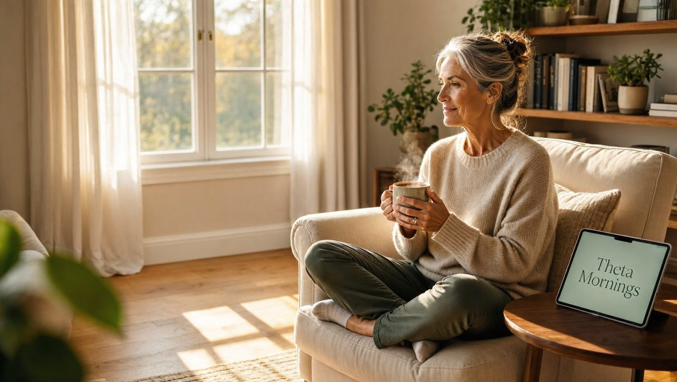 A peaceful morning scene: a person in their 50s-60s sitting comfortably with coffee, sunlight streaming through a window, a journal or tablet showing "Theta Mornings" on screen, looking calm and intentional. Warm, inviting atmosphere suggesting a perfect morning routine. Professional lifestyle photography, soft natural lighting, aspirational but achievable.