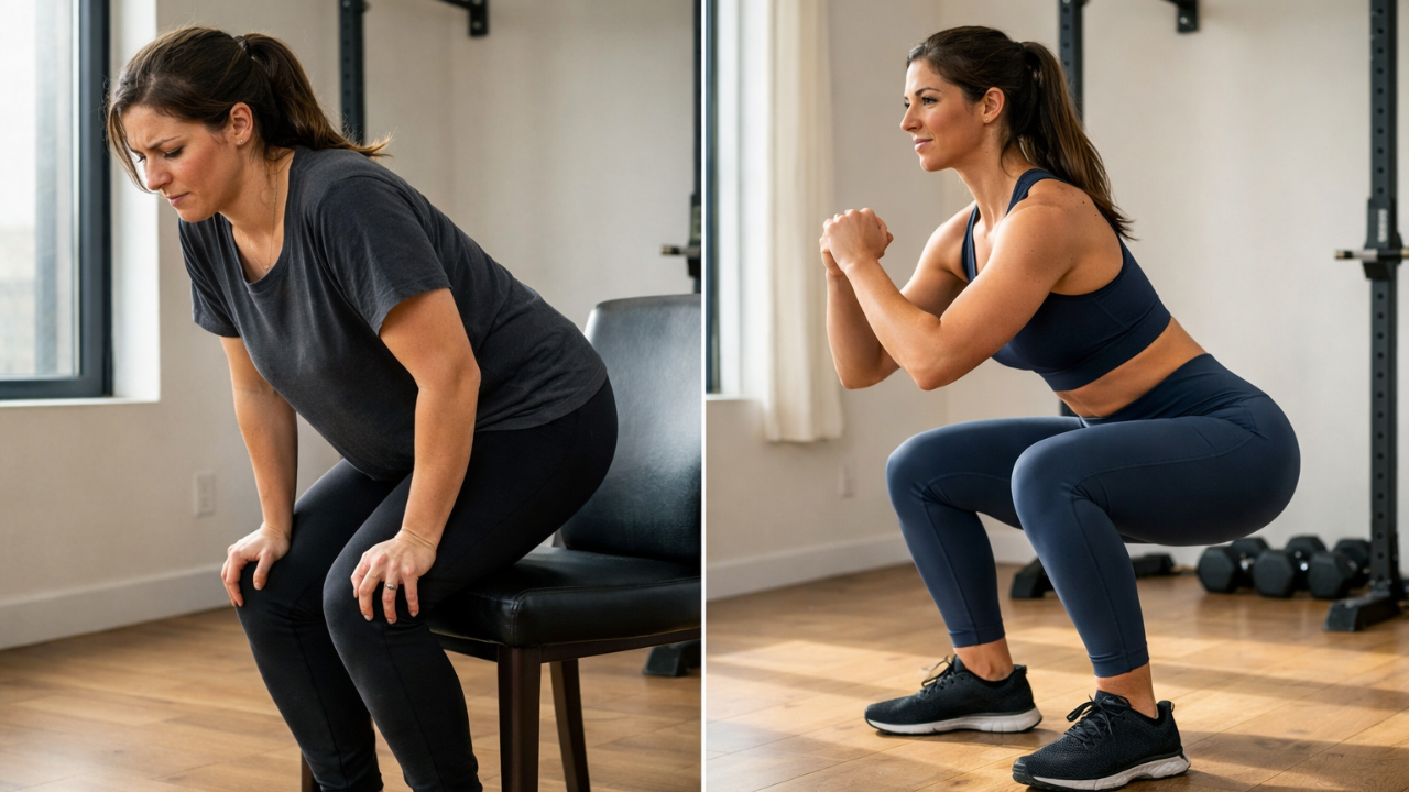 Photorealistic image showing transformation/progress: split composition with left side showing someone struggling to stand from a chair (subtle, not dramatic), right side showing the same person confident and strong mid-squat in the same setting. Hopeful, inspiring, realistic progression. Professional before/after style photography, natural lighting, empowering tone. 