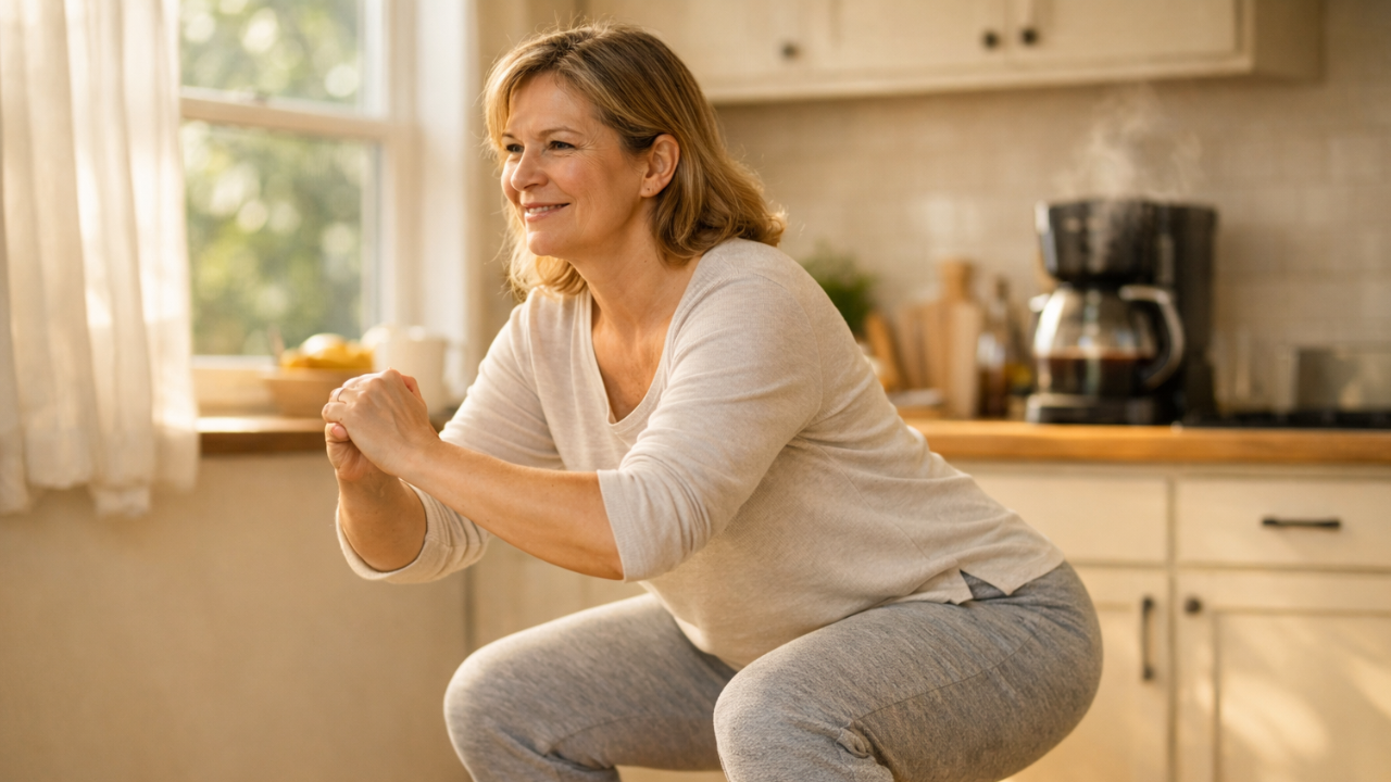 Relatable person in their 50s doing a gentle squat in a sunlit kitchen. Coffee brewing in background with visible steam. Person wearing comfortable home clothes, mid-squat with good form, slight smile. Warm morning light through window. Soft, inviting, achievable atmosphere—not gym-like. 