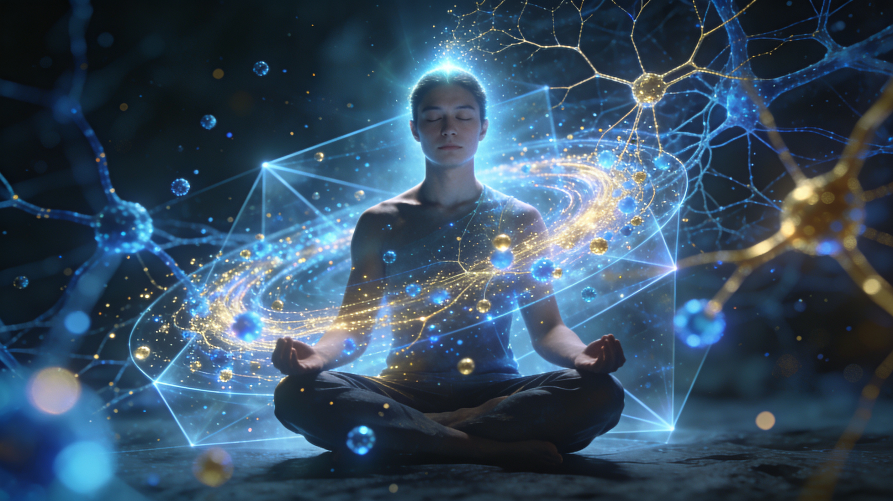 A person in meditation pose surrounded by quantum particles, holographic light fields, and neural networks merging together, ethereal blue and gold lighting, consciousness visualization A person in meditation pose surrounded by quantum particles, holographic light fields, and neural networks merging together, ethereal blue and gold lighting, consciousness visualization