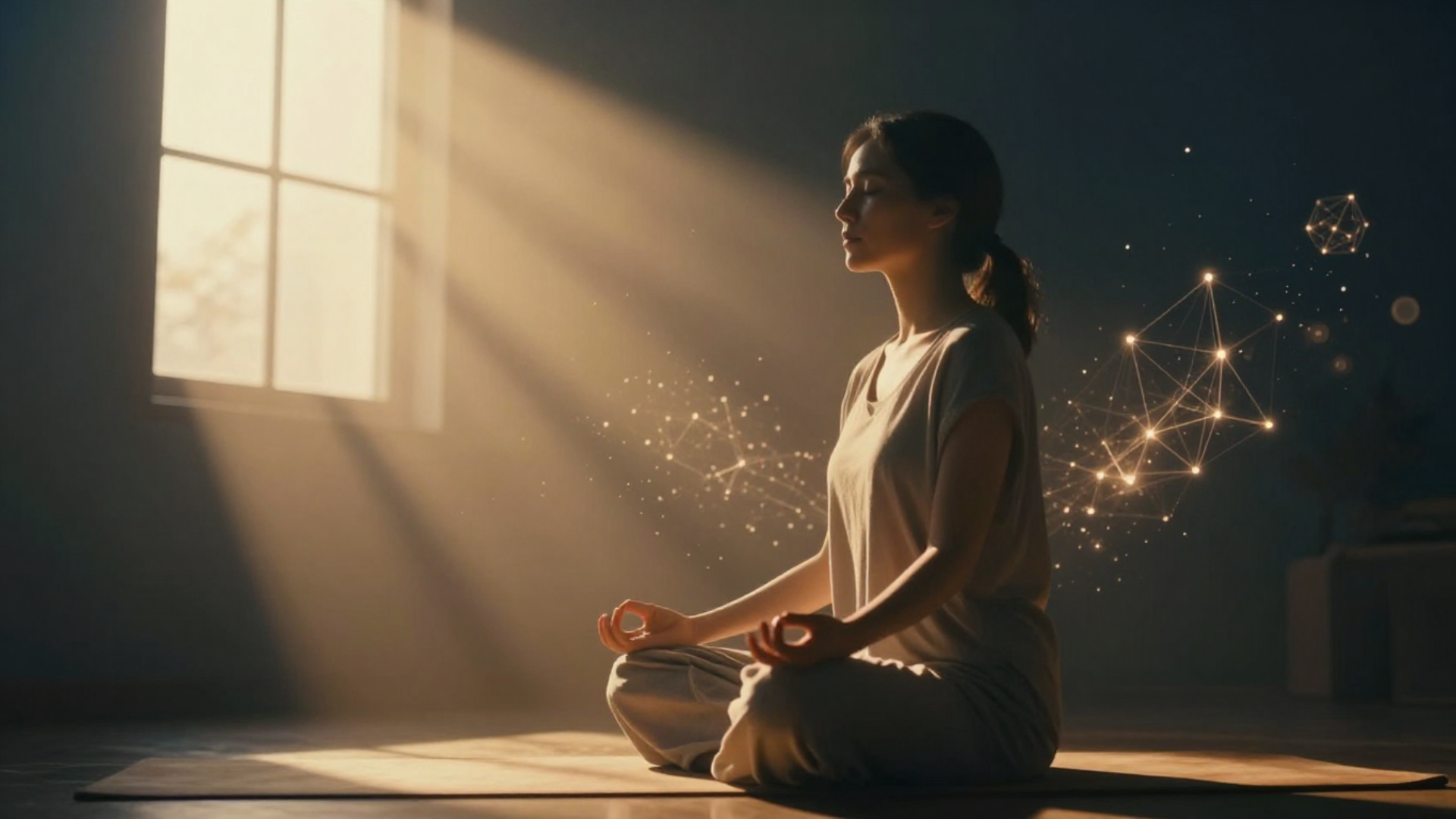 A person meditating at dawn, golden light streaming through window, quantum particles and neural networks visible around them, peaceful expression A person meditating at dawn, golden light streaming through window, quantum particles and neural networks visible around them, peaceful expression
