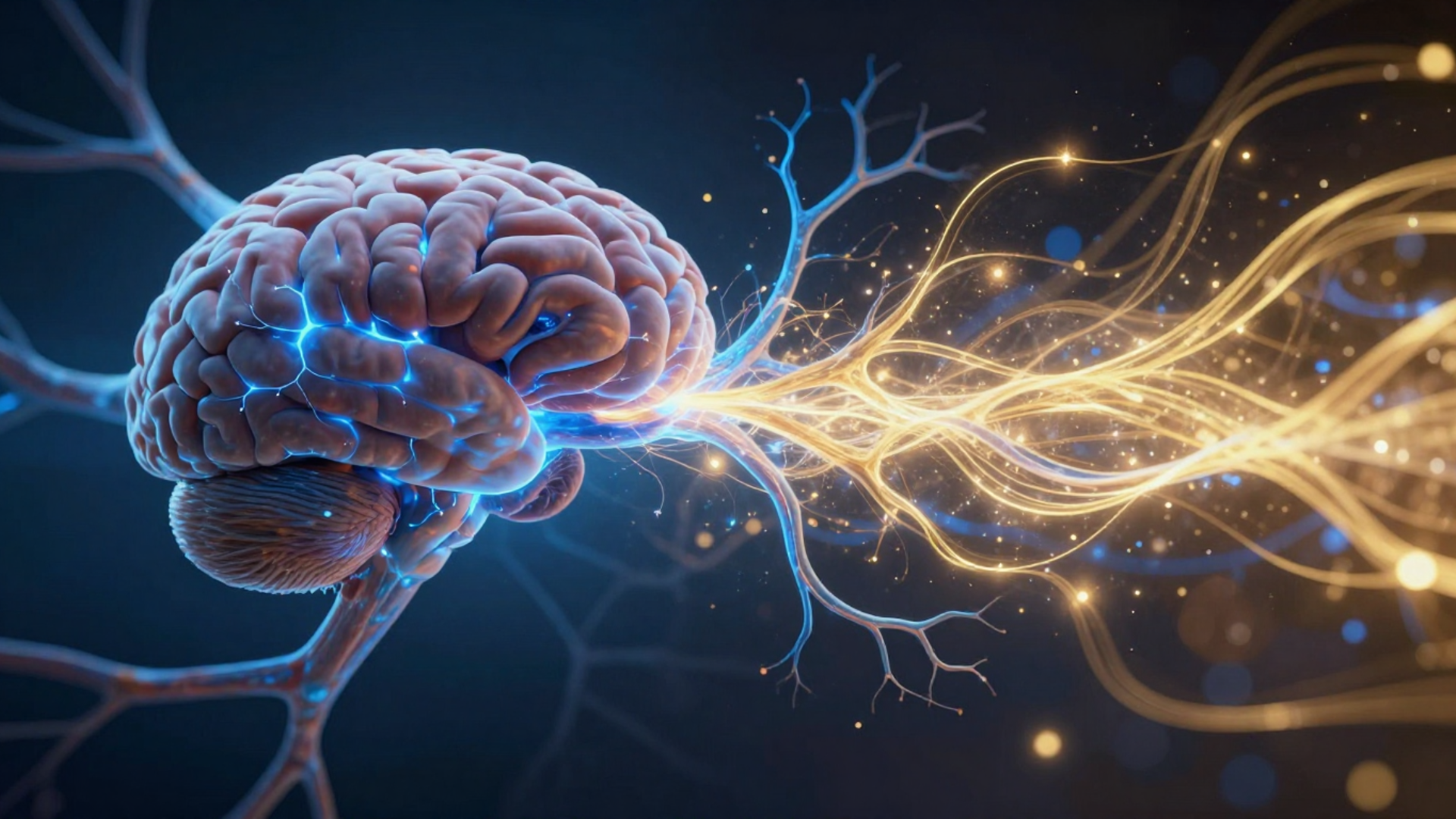 A split visualization—left side shows brain neurons firing in realistic detail, right side shows flowing consciousness energy fields and light, both sides merging in the middle, scientific yet mystical A split visualization—left side shows brain neurons firing in realistic detail, right side shows flowing consciousness energy fields and light, both sides merging in the middle, scientific yet mystical
