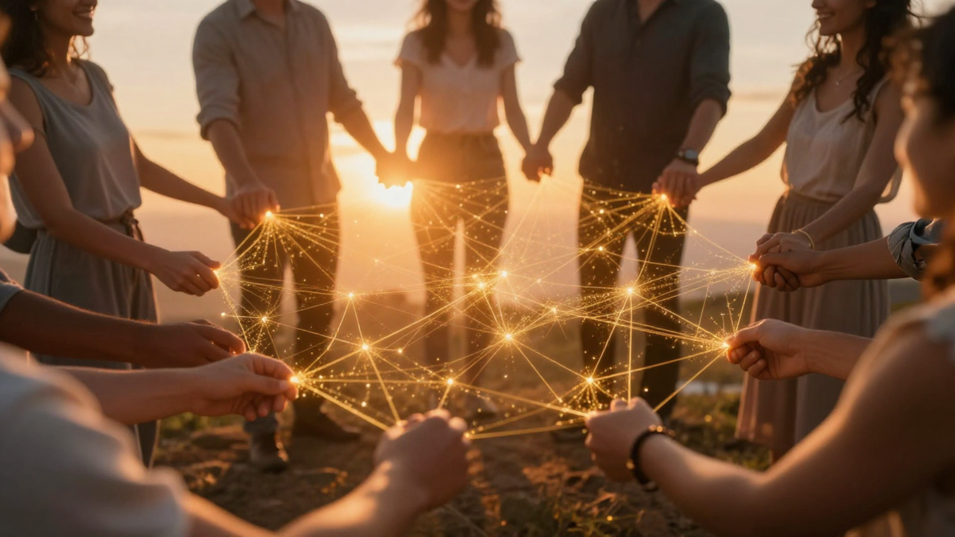 Diverse people in a circle holding hands, visible energy connections between them like golden threads, sunrise background, sense of unity and connection, warm lighting, hopeful atmosphere Diverse people in a circle holding hands, visible energy connections between them like golden threads, sunrise background, sense of unity and connection, warm lighting, hopeful atmosphere