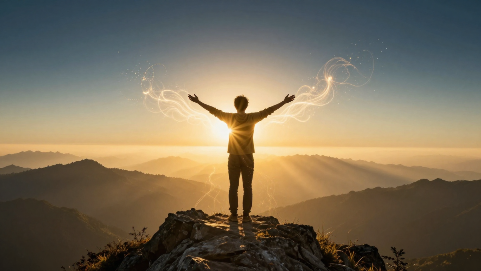A person standing at mountain peak at sunrise, arms outstretched, golden light surrounding them, quantum particles and consciousness energy flowing through the scene, sense of freedom and realization A person standing at mountain peak at sunrise, arms outstretched, golden light surrounding them, quantum particles and consciousness energy flowing through the scene, sense of freedom and realization