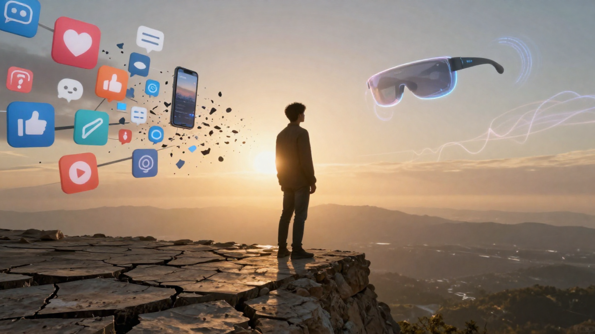 A person standing at the edge of a cracked digital landscape at sunrise. One side shows glowing social media icons, phone screens, and notification bubbles fragmenting apart. The other side shows a futuristic horizon with soft golden light, holographic AR glasses floating in the air, and subtle voice-wave patterns in the atmosphere. A person standing at the edge of a cracked digital landscape at sunrise. One side shows glowing social media icons, phone screens, and notification bubbles fragmenting apart. The other side shows a futuristic horizon with soft golden light, holographic AR glasses floating in the air, and subtle voice-wave patterns in the atmosphere.