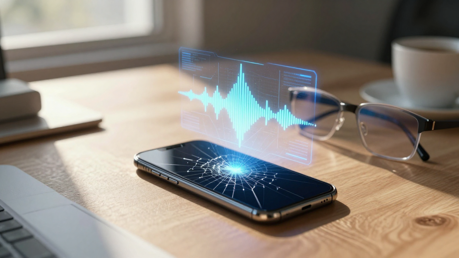 A modern workspace desk with a cracked smartphone screen lying flat, surrounded by floating holographic AI interface elements, voice waveform visualizations, and translucent AR smart glasses resting nearby. A modern workspace desk with a cracked smartphone screen lying flat, surrounded by floating holographic AI interface elements, voice waveform visualizations, and translucent AR smart glasses resting nearby.