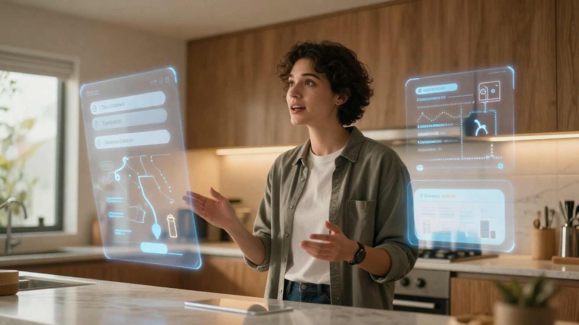 A person in a modern kitchen speaking naturally into the air (no phone in hand) while subtle holographic order confirmations, delivery routes, and product images float around them in translucent AR overlays. A person in a modern kitchen speaking naturally into the air (no phone in hand) while subtle holographic order confirmations, delivery routes, and product images float around them in translucent AR overlays.