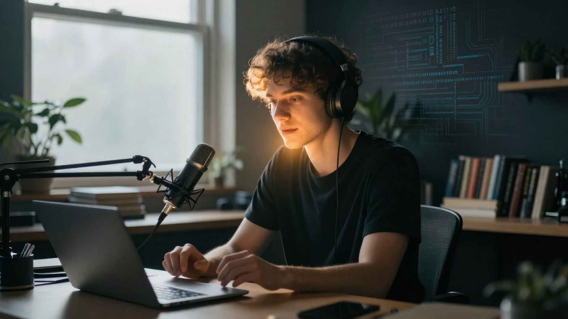 A creator sitting in a simple, unpolished recording setup — natural light, minimal equipment, authentic environment — while a soft golden glow emanates from them, symbolizing genuine human energy. A creator sitting in a simple, unpolished recording setup — natural light, minimal equipment, authentic environment — while a soft golden glow emanates from them, symbolizing genuine human energy.