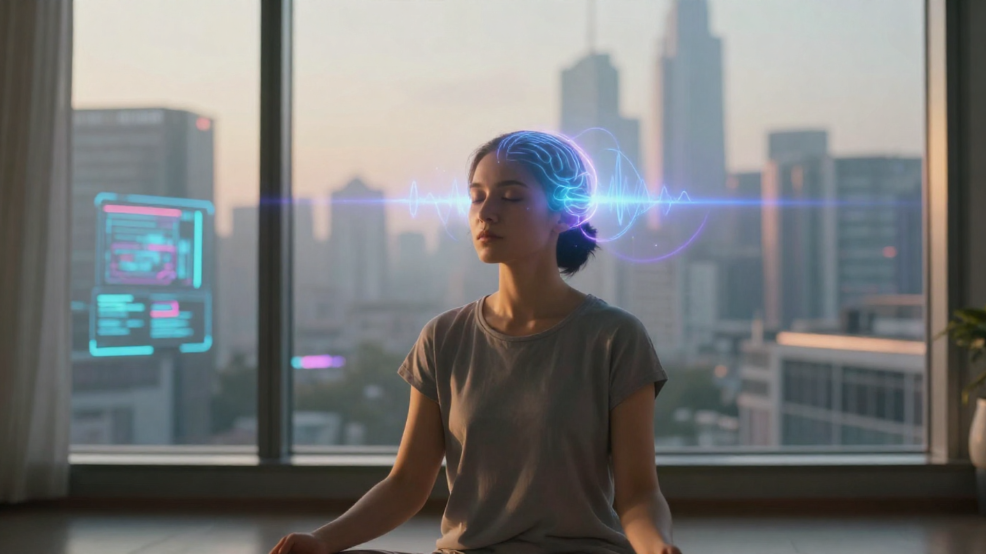 A person sitting in quiet meditation at dawn, eyes closed, with subtle theta brainwave patterns visualized as soft luminous waves radiating from their head. In the distant background through a window, a futuristic cityscape with holographic billboards and AR interfaces is visible — but the foreground is calm, still, and intentional. A person sitting in quiet meditation at dawn, eyes closed, with subtle theta brainwave patterns visualized as soft luminous waves radiating from their head. In the distant background through a window, a futuristic cityscape with holographic billboards and AR interfaces is visible — but the foreground is calm, still, and intentional.