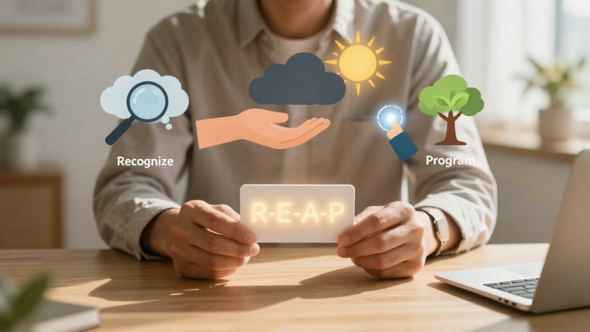 A person sitting at a minimalist wooden desk in a sunlit room, holding a glowing REAP framework card in their hands. The card displays the letters R-E-A-P in soft golden light. Around them, floating holographic elements represent the four steps: a magnifying glass over a thought bubble (Recognize), a hand exchanging a dark cloud for a sun (Exchange), a person pressing a glowing button (Activate), and a seedling growing into a tree (Program). A person sitting at a minimalist wooden desk in a sunlit room, holding a glowing REAP framework card in their hands. The card displays the letters R-E-A-P in soft golden light. Around them, floating holographic elements represent the four steps: a magnifying glass over a thought bubble (Recognize), a hand exchanging a dark cloud for a sun (Exchange), a person pressing a glowing button (Activate), and a seedling growing into a tree (Program).