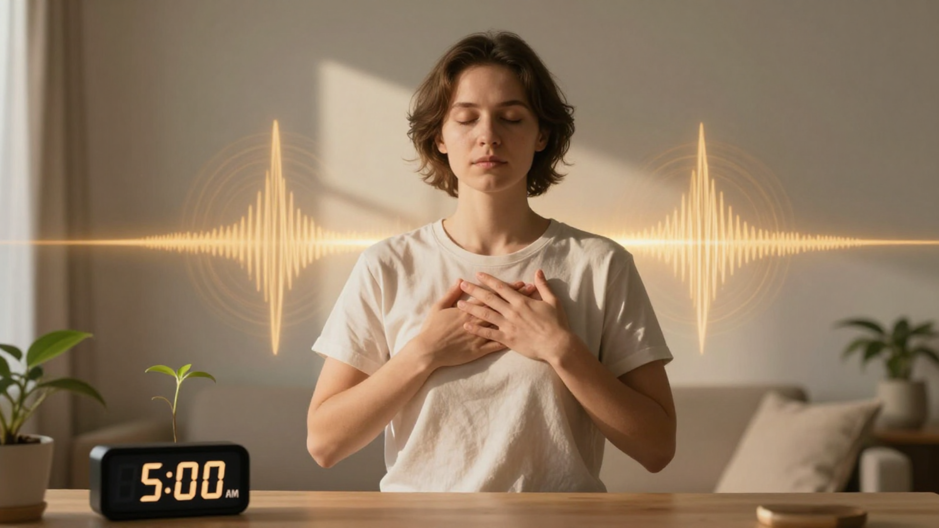 A person standing in a quiet, sunlit room, eyes closed, hands resting on their chest. Around them, soft golden theta brainwave patterns radiate outward like ripples in water. In the foreground, a digital clock shows 5:00 AM, and a small plant is growing toward the light A person standing in a quiet, sunlit room, eyes closed, hands resting on their chest. Around them, soft golden theta brainwave patterns radiate outward like ripples in water. In the foreground, a digital clock shows 5:00 AM, and a small plant is growing toward the light