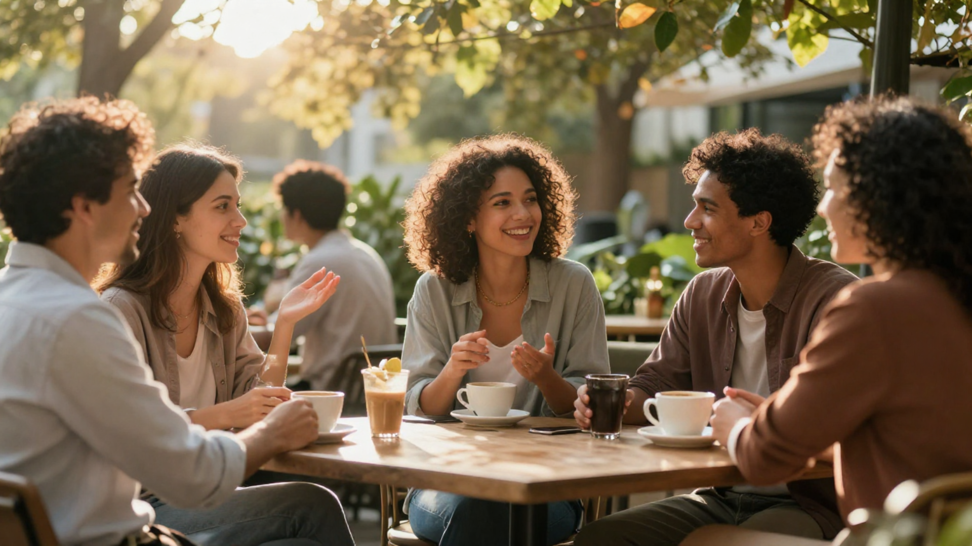 A diverse group of people gathered in a warm, sunlit space — a garden café, — sharing conversation, laughter, and connection. Some are holding coffee cups, others are gesturing as they talk. Soft golden light filters through windows or trees, creating a sense of community and belonging. A diverse group of people gathered in a warm, sunlit space — a garden café, — sharing conversation, laughter, and connection. Some are holding coffee cups, others are gesturing as they talk. Soft golden light filters through windows or trees, creating a sense of community and belonging.