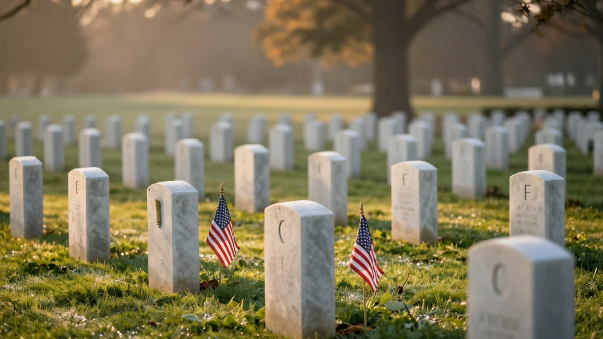 Dawn at Arlington National Cemetery: rows of white marble headstones stretching into soft golden morning light Dawn at Arlington National Cemetery: rows of white marble headstones stretching into soft golden morning light