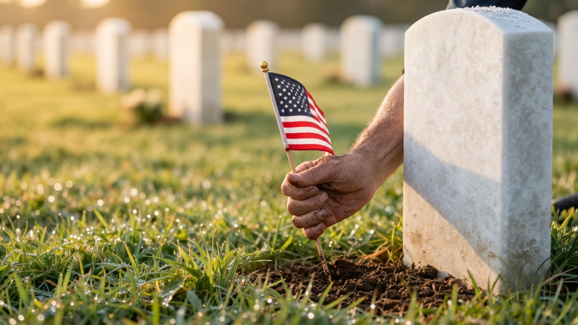 Close-up of weathered hands carefully placing a small American flag into the earth beside a white headstone, morning dew glistening on grass, soft focus background of endless rows of markers, emotional and respectful tone Close-up of weathered hands carefully placing a small American flag into the earth beside a white headstone, morning dew glistening on grass, soft focus background of endless rows of markers, emotional and respectful tone