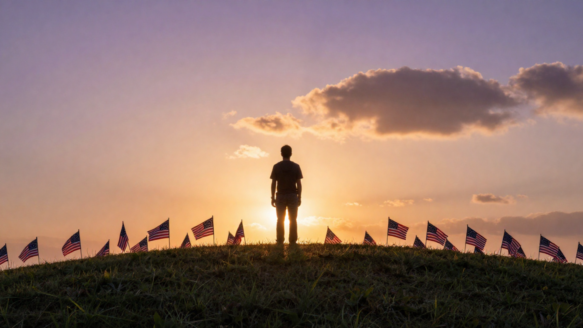 Silhouette of a person standing alone at sunrise on a gentle hill overlooking a field of small American flags, arms relaxed at sides, sky painted in soft oranges and purples, symbolizing reflection and intentional living Silhouette of a person standing alone at sunrise on a gentle hill overlooking a field of small American flags, arms relaxed at sides, sky painted in soft oranges and purples, symbolizing reflection and intentional living