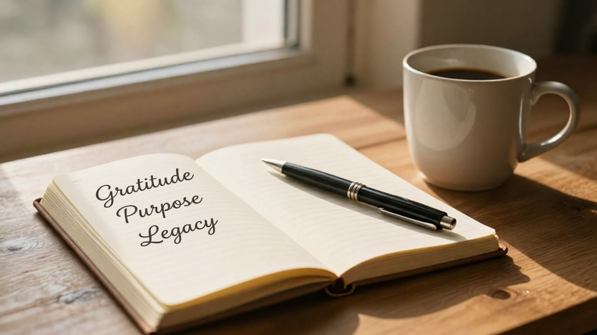 Warm morning light through a window onto a wooden table: open journal with handwritten words "gratitude," "purpose," "legacy," a simple coffee mug, a pen resting on the page, peaceful and contemplative atmosphere, shallow depth of field Warm morning light through a window onto a wooden table: open journal with handwritten words "gratitude," "purpose," "legacy," a simple coffee mug, a pen resting on the page, peaceful and contemplative atmosphere, shallow depth of field