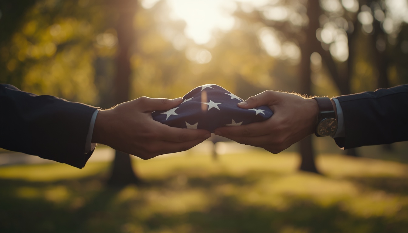 A single pair of hands gently passing a folded American flag from one person to another, soft morning light filtering through trees, focus on the hands and fabric, blurred background suggesting a park or community gathering space, symbolic of legacy, continuity, and shared responsibility A single pair of hands gently passing a folded American flag from one person to another, soft morning light filtering through trees, focus on the hands and fabric, blurred background suggesting a park or community gathering space, symbolic of legacy, continuity, and shared responsibility