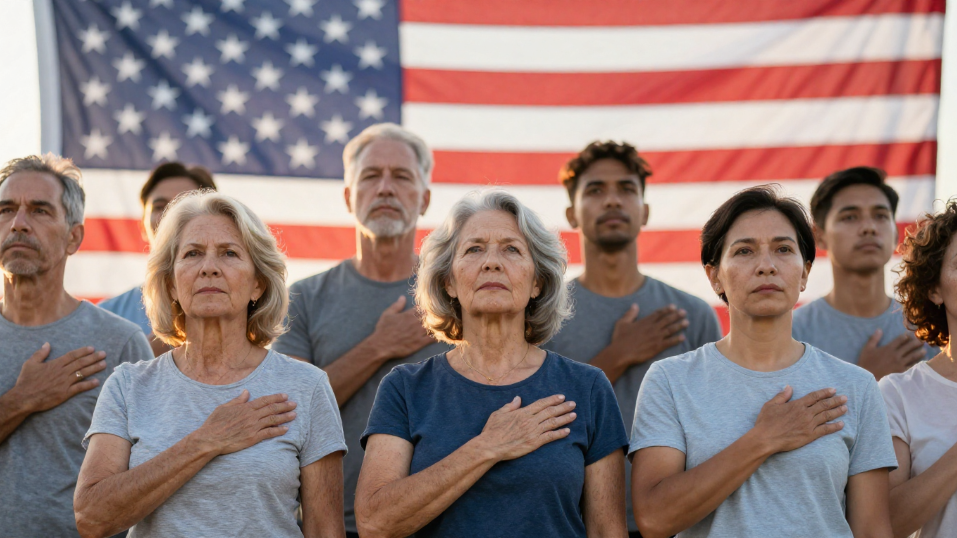 Diverse group of people of different ages standing together at dawn, hands over hearts, soft focus American flag in background, expressions of quiet determination and unity Diverse group of people of different ages standing together at dawn, hands over hearts, soft focus American flag in background, expressions of quiet determination and unity