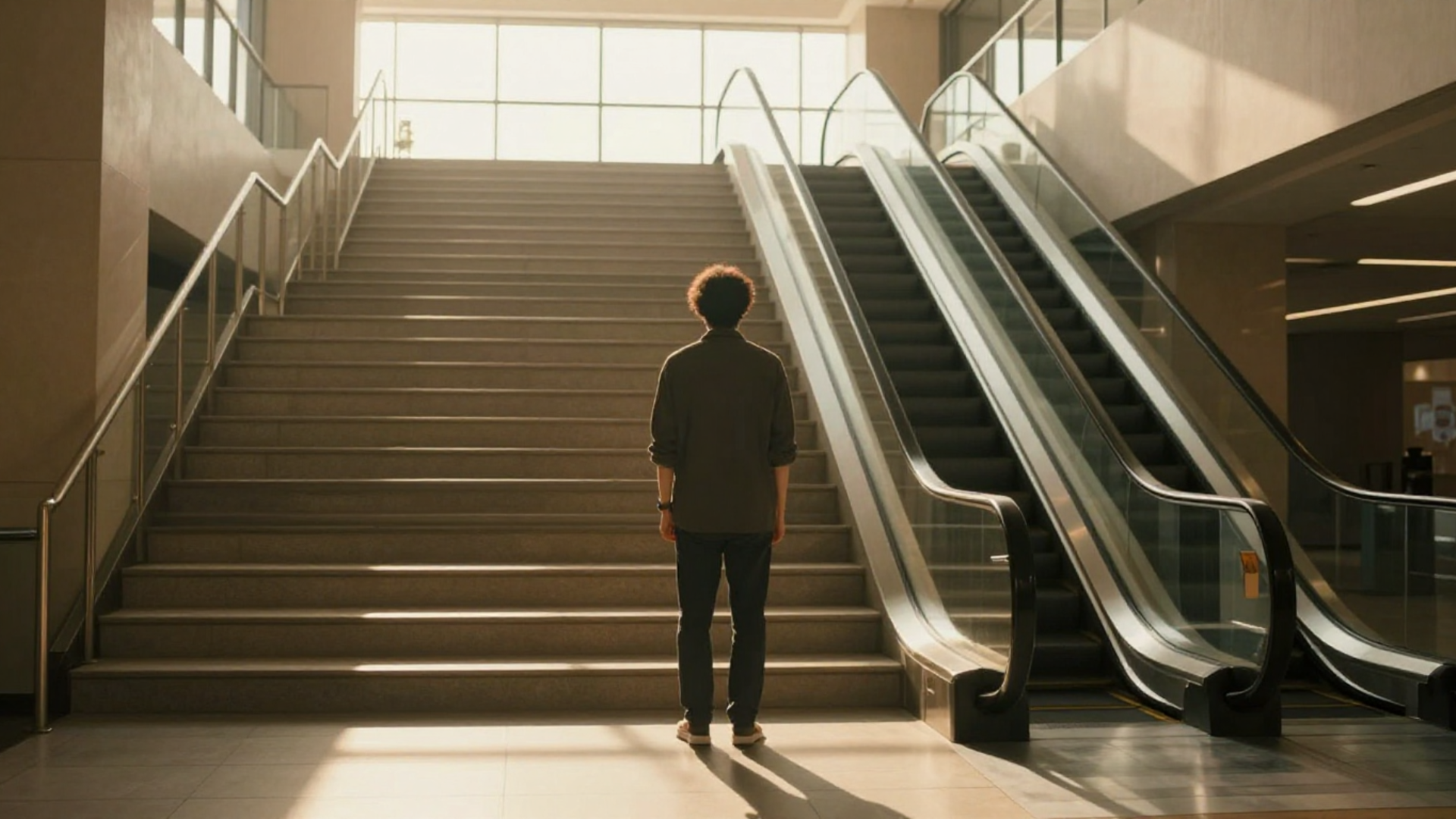 A person at the bottom of a staircase in a modern building, looking up at the stairs with morning light streaming through windows. The escalator beside them is empty. The mood is contemplative and empowering, suggesting choice and intention.