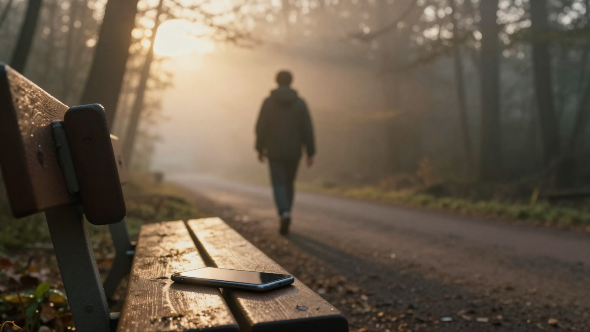 A person walking alone on a quiet trail at sunrise, phone deliberately left behind on a bench in the foreground. The scene conveys intentional solitude, reflection, and the choice to disconnect