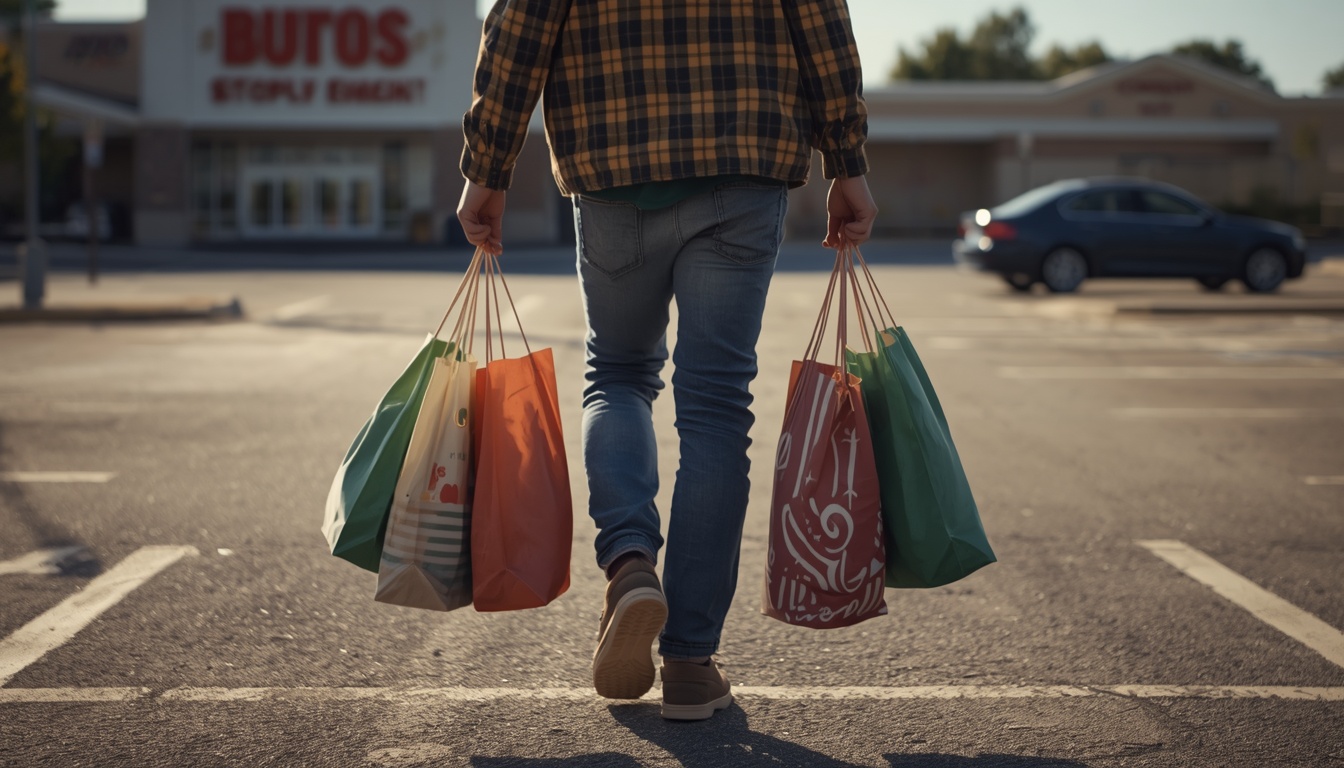 An image of hands carrying grocery bags (no cart) in a parking lot, with the store visible in the background. The person is walking toward a car parked in the far distance. The scene conveys everyday functional strength and intentional effort.