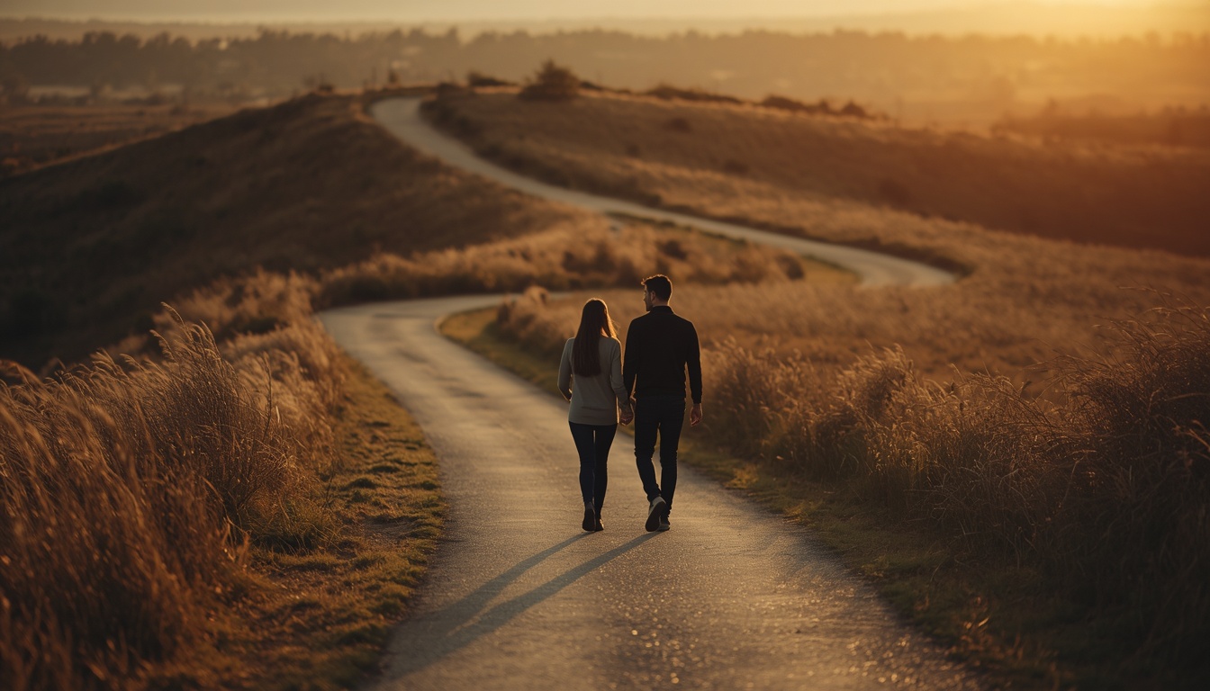 A couple walking side by side on a long, winding path through nature, deep in conversation. No phones visible. The body language suggests connection and openness. Late afternoon golden hour light, expansive landscape, peaceful atmosphere.
