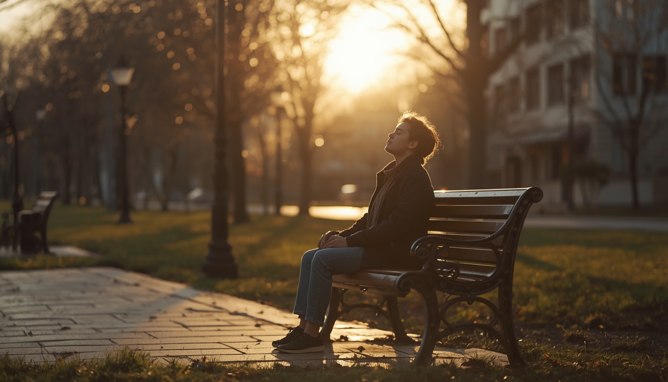 A person sitting alone on a park bench at sunrise, no phone in sight, eyes closed in reflection. The scene conveys intentional stillness, boredom tolerance, and mental clarity. Soft morning light, peaceful urban park setting
