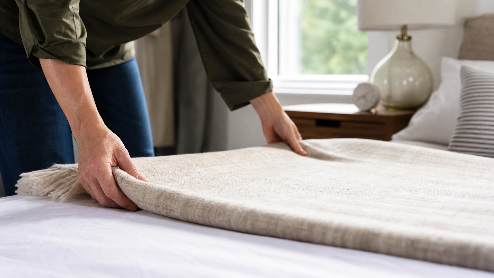 Close-up image of hands completing a small but meaningful task—picking up scattered strawberry hulls, making a bed, or organizing a desk—warm natural lighting, sense of accomplishment and intentionality
