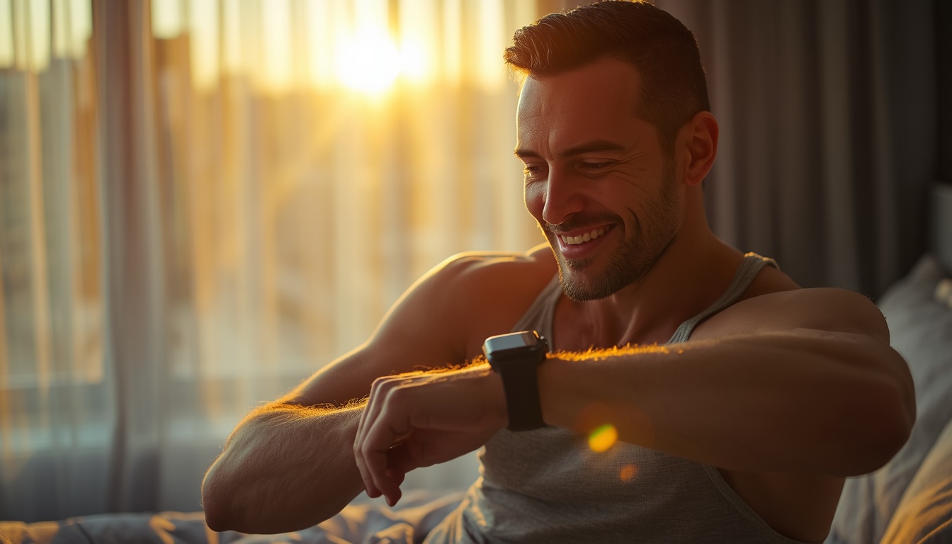 A fit man in his 40s waking up in a modern, sun-drenched bedroom. Golden hour light streams through sheer curtains. He looks at a smartwatch on his wrist with a smile of satisfaction and vitality. 