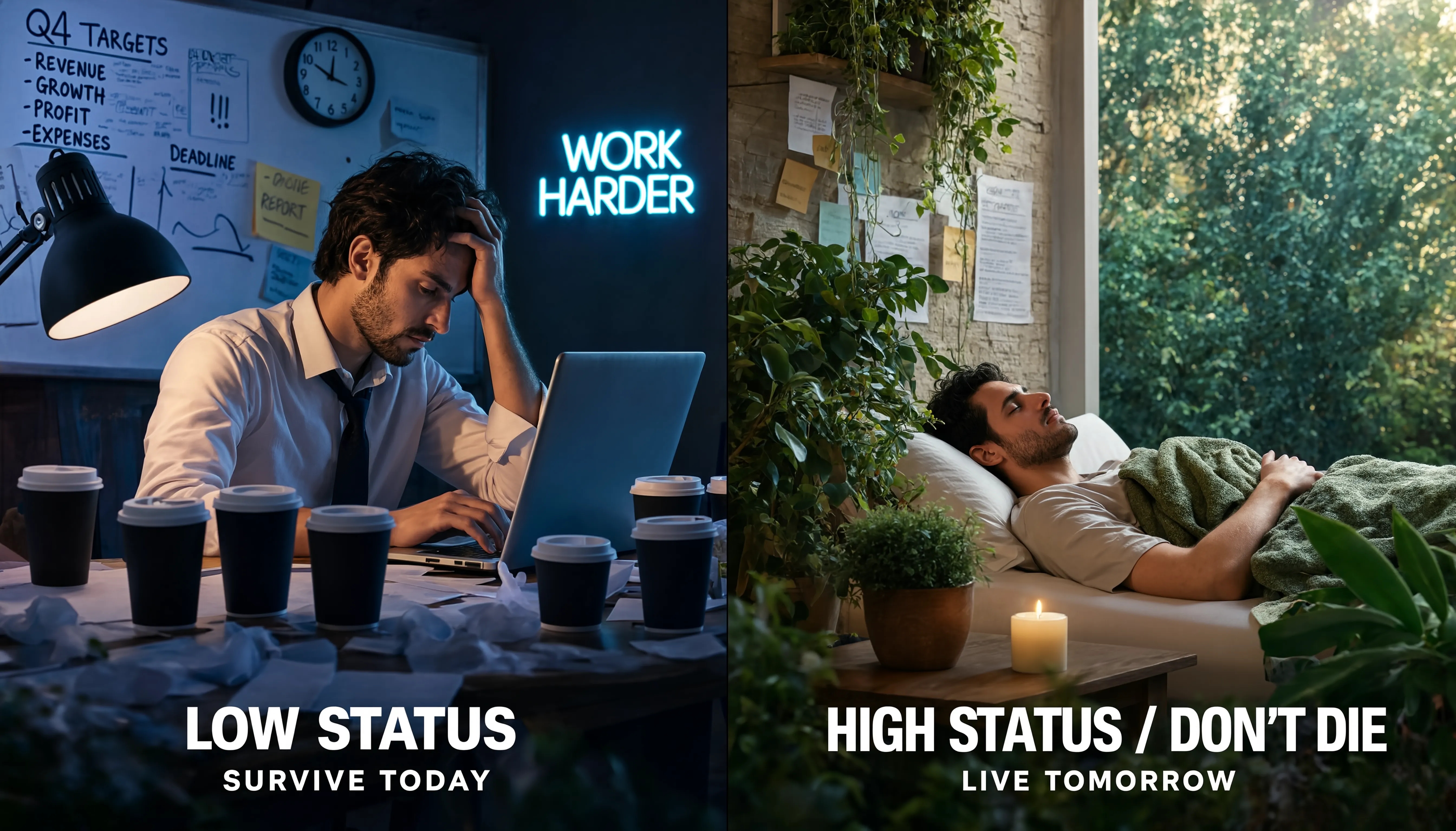 A split-screen comparison. Left side: A stressed person in a dark office surrounded by coffee cups and blue light (Low Status). Right side: A person meditating or sleeping peacefully in a serene, natural environment with green plants (High Status/Don't Die).