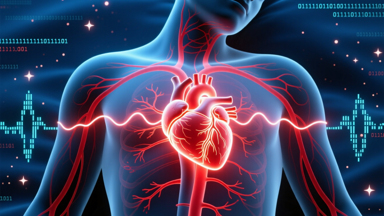 Abstract scientific art showing a human silhouette sleeping peacefully. Inside the silhouette, a glowing red network of blood vessels and a bright, pulsing heart. The background is deep navy blue with subtle digital data points floating around. Represents vascular health and restoration.