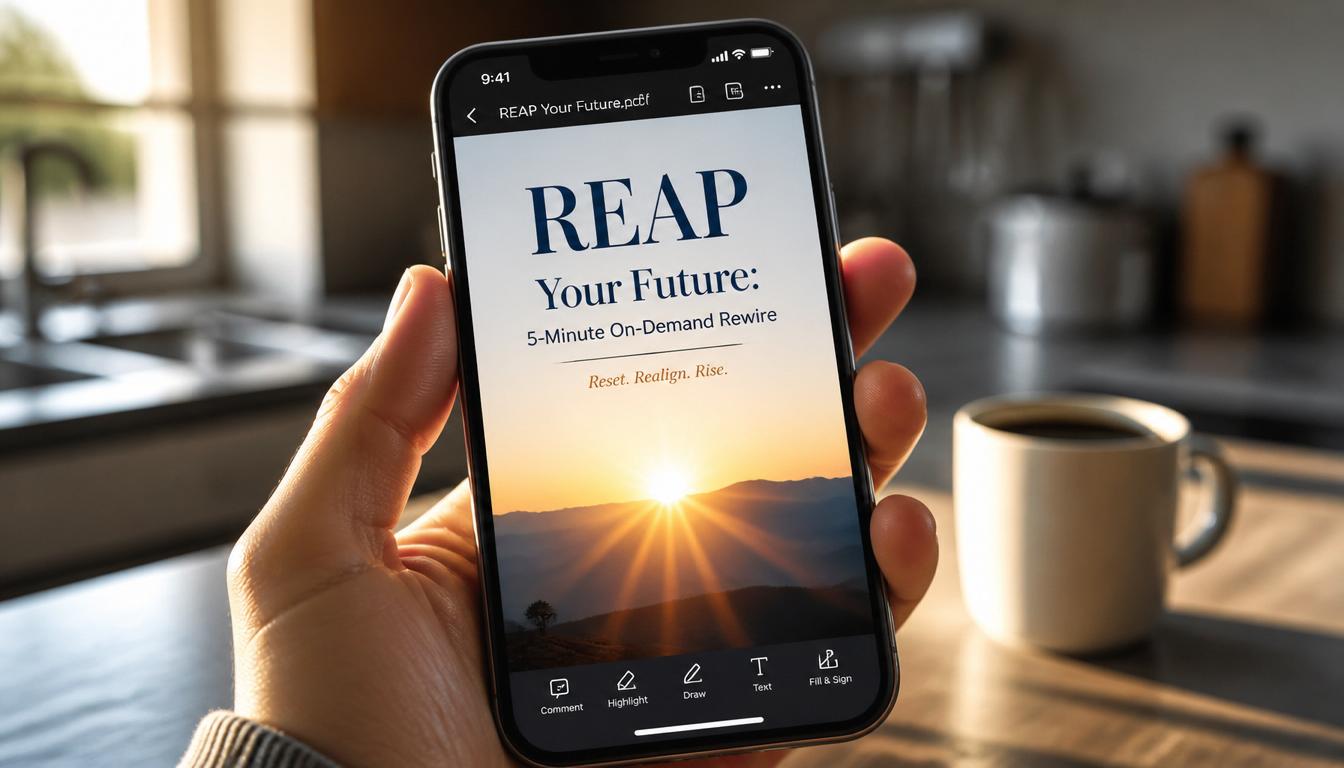 Close-up photography of a hand holding a sleek smartphone. The screen displays a clean, professional PDF cover titled 'REAP Your Future: 5-Minute On-Demand Rewire' with a sunrise graphic. The background is a blurred kitchen counter with a cup of coffee and morning light. High resolution, commercial photography style.