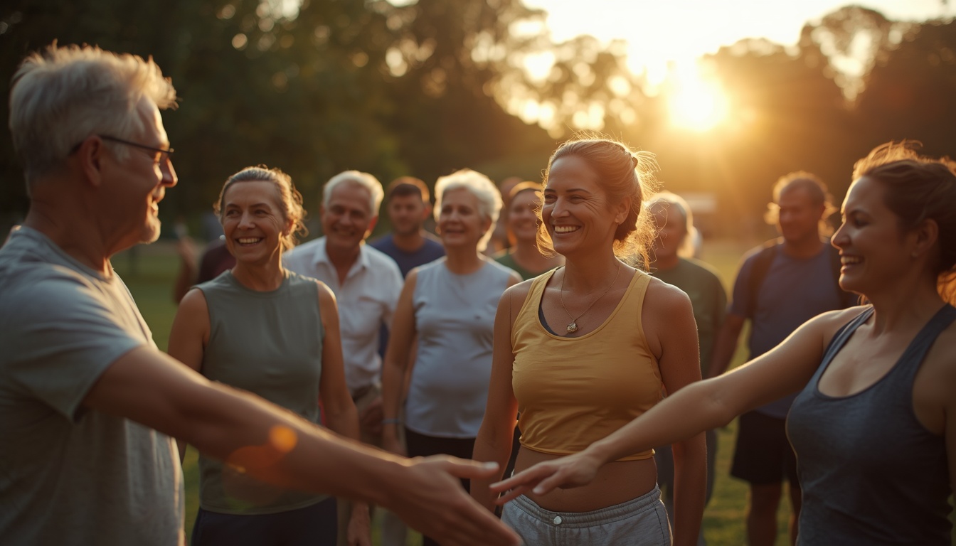 Wide shot of a diverse group of men and women of various ages standing together in a park at sunrise. They are smiling, looking healthy and connected, some stretching, some talking. Warm, hopeful atmosphere, golden lighting