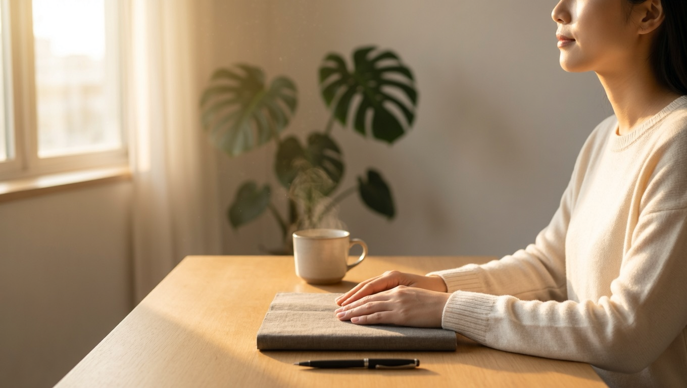 Close-up, eye-level photorealistic shot of a person sitting quietly at a clean, minimalist desk or in a peaceful corner of a room, early morning light streaming in. They have their eyes closed, taking a deep, conscious breath, with hands resting calmly on their knees or a journal. The atmosphere is one of profound stillness, focus, and readiness. Soft shadows, warm natural tones, dust motes dancing in the light beam. The image conveys the feeling of 'pausing to rewire' before taking action.
