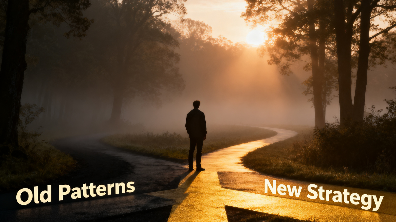 A person standing at a crossroads at dawn, one path dark and foggy labeled 'Old Patterns,' the other lit with golden light labeled 'New Strategy,' soft sunrise breaking through trees