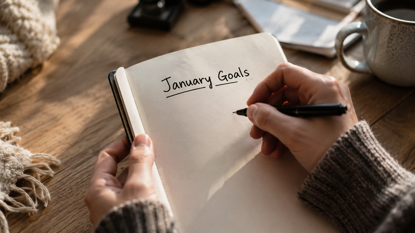 Close-up of hands holding a journal with 'January Goals' written, pen hovering over blank page, soft morning light, shallow depth of field, emotional tension between intention and inaction