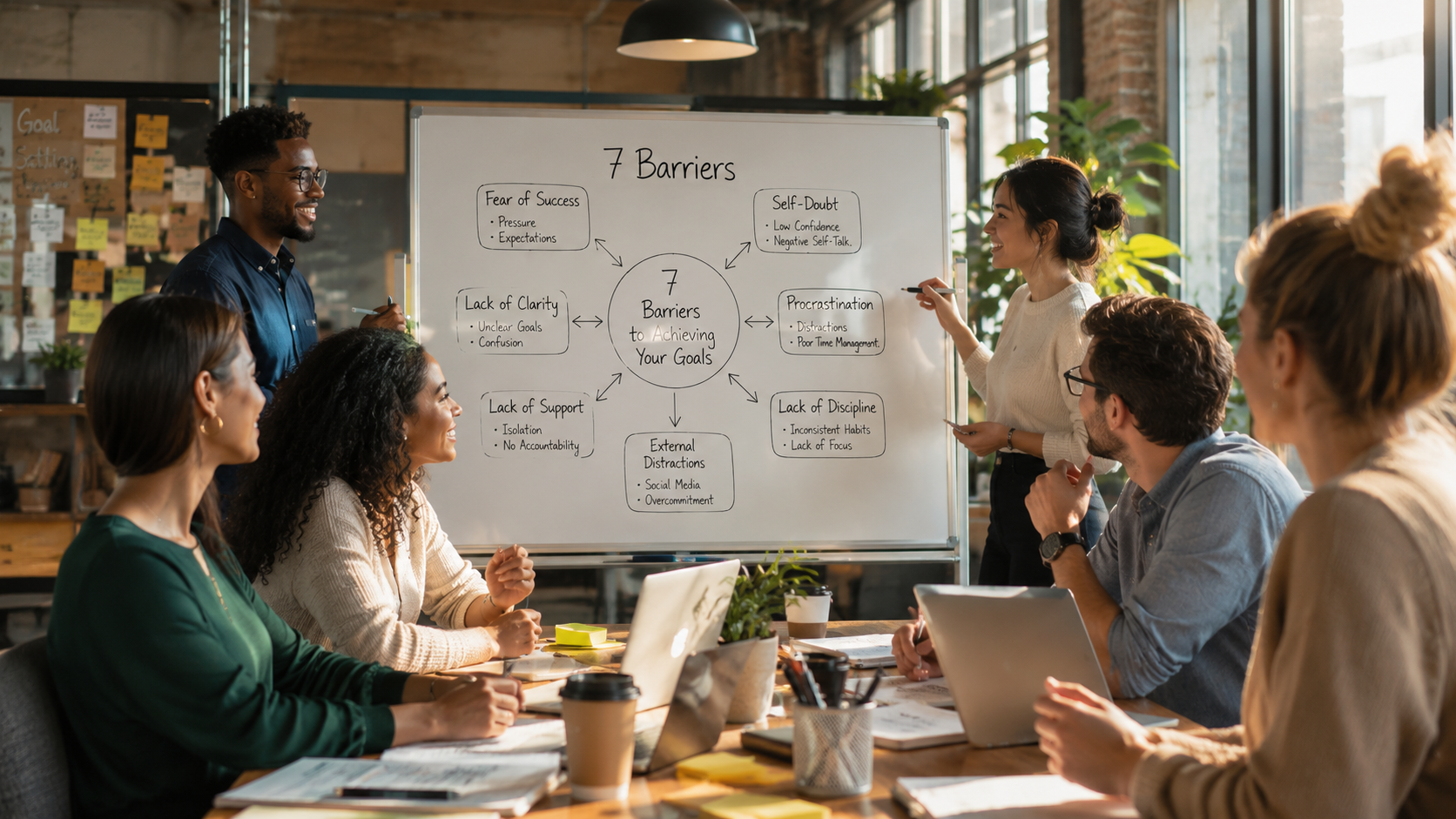 Diverse group of people in a modern co-working space, collaborating on goal-setting, whiteboard with '7 Barriers' diagram, warm natural lighting, authentic connection