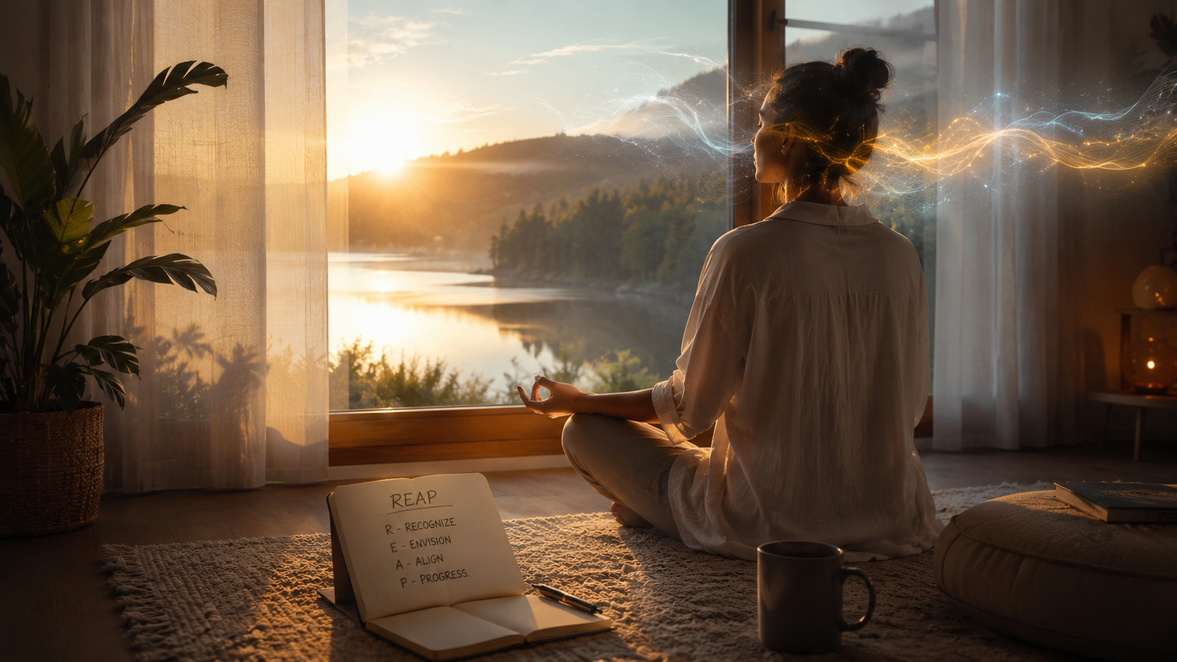 Person in early morning meditation pose, soft golden sunrise light, journal open with 'REAP' visible, subtle energy waves visualized around head, serene and programmable atmosphere