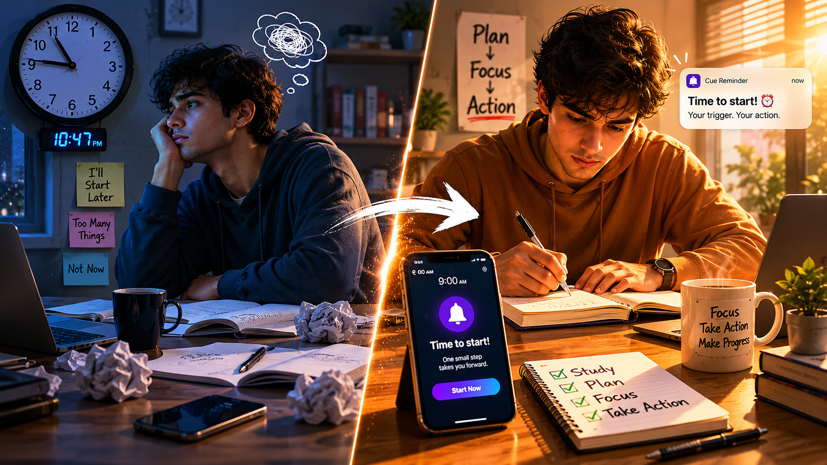 Split-frame photorealistic scene: Left side shows a person hesitating at a desk, clock showing procrastination, soft cool blue lighting; Right side shows same person taking action, phone notification visible with cue-based reminder ('Time to start'), warm golden light highlighting the moment of decision, symbolizing the shift from delay to triggered action