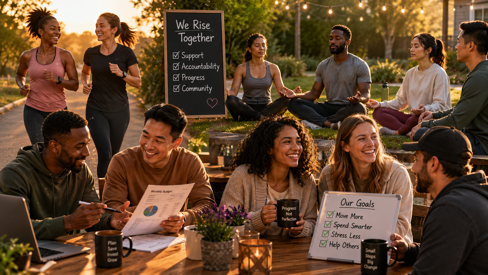 Diverse group of people supporting each other in various change journeys - one person running with friend, another reviewing budget together, someone meditating in group, warm community atmosphere, golden hour lighting, authentic connections, representing social engineering and accountability